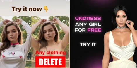 Two Instagram advertisements promoting AI ’Nudifying’ capabilities on Instagram.